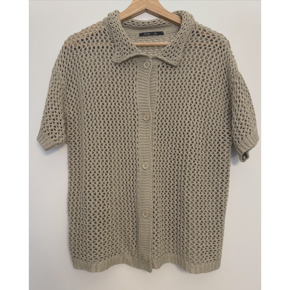 Tamulily Short Sleeve Mesh Knit Button Front Cardigan Sweater Beige Medium Flowy